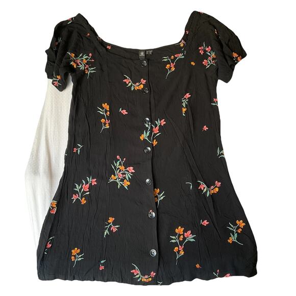 Volcom Women Dress L (10) Black Floral A-Line Button Short Sleeve Knee Length - Picture 1 of 9